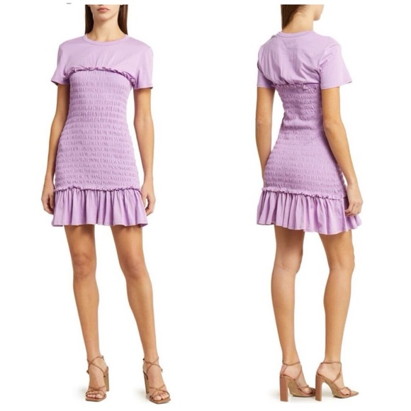 New Veronica Beard Tomlin Smocked Bodice Mini T-Shirt Dress in Violet Size L - Picture 3 of 13
